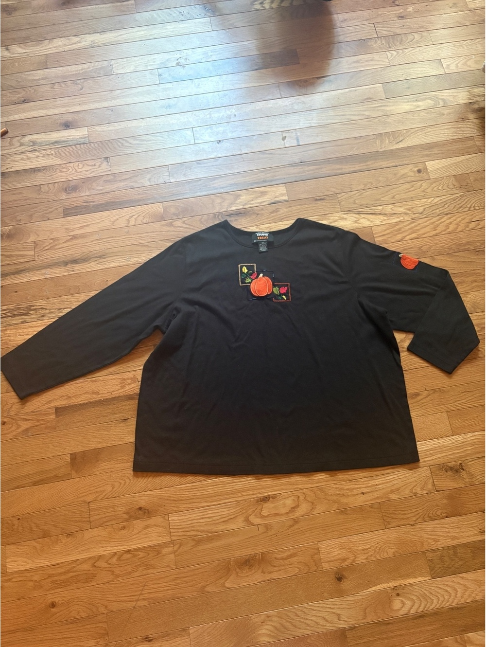 Designer Studio Treat Women's 2X Black Long Sleeve Pumpkin Embroidered Shirt